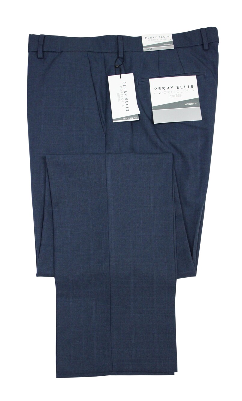 Perry Ellis Portfolio Essentials Pants Mens 36x34 Blue Plaid Modern Fit Stretch
